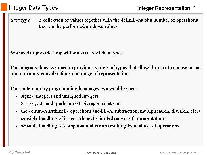 Integer Data Types data type Integer Representation 1 a collection of values together with