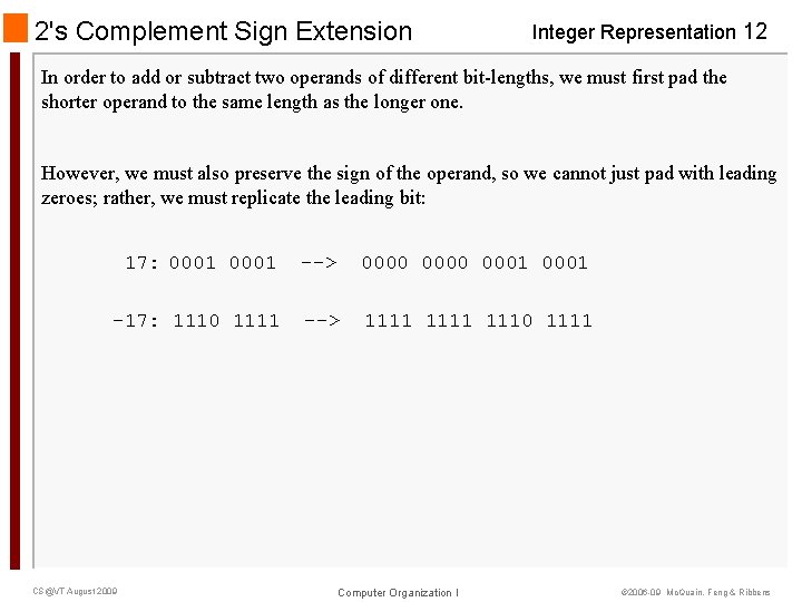 2's Complement Sign Extension Integer Representation 12 In order to add or subtract two