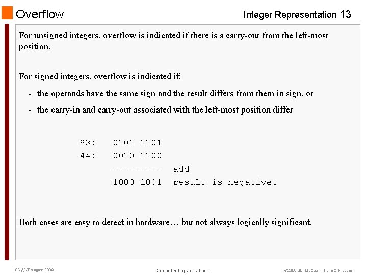 Overflow Integer Representation 13 For unsigned integers, overflow is indicated if there is a