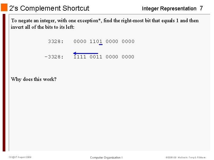 2's Complement Shortcut Integer Representation 7 To negate an integer, with one exception*, find