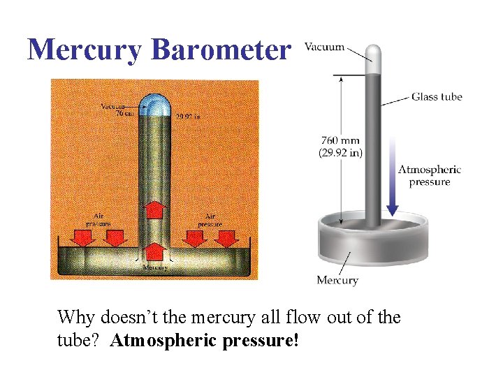 Mercury Barometer Why doesn’t the mercury all flow out of the tube? Atmospheric pressure!