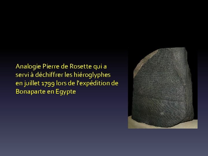 Analogie Pierre de Rosette qui a servi à déchiffrer les hiéroglyphes en juillet 1799