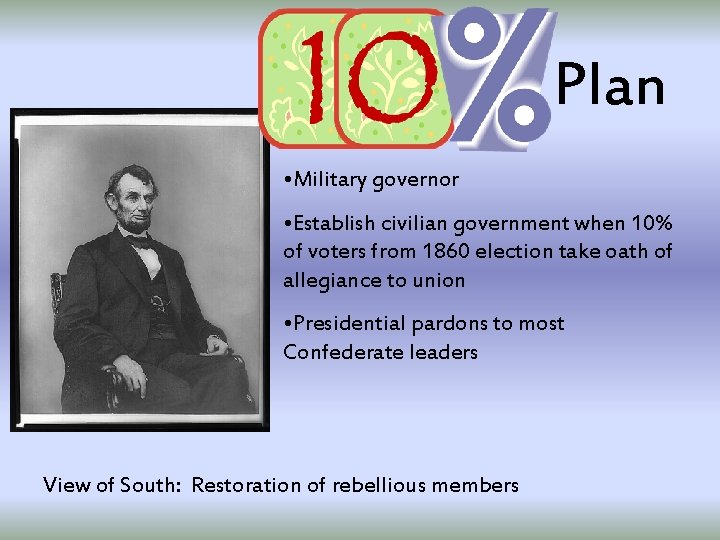 Plan • Military governor • Establish civilian government when 10% of voters from 1860