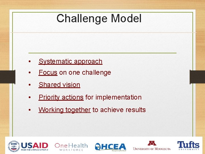 Challenge Model • Systematic approach • Focus on one challenge • Shared vision • Challenge Model • Systematic approach • Focus on one challenge • Shared vision •