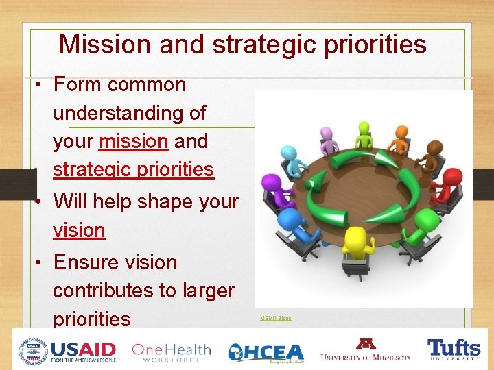 Mission and strategic priorities • Form common understanding of your mission and strategic priorities Mission and strategic priorities • Form common understanding of your mission and strategic priorities