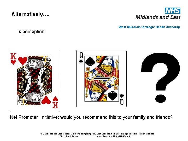Alternatively…. Is perception West Midlands Strategic Health Authority Net Promoter Initiative: would you recommend