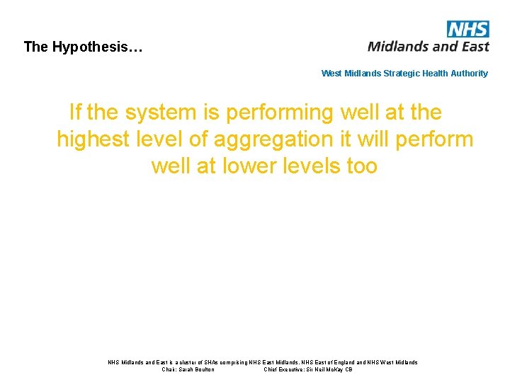 The Hypothesis… West Midlands Strategic Health Authority If the system is performing well at