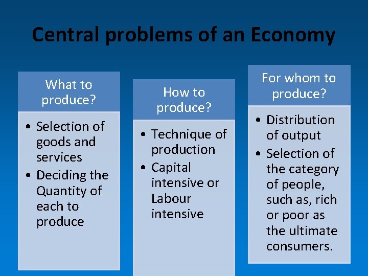 Central problems of an Economy What to produce? • Selection of goods and services