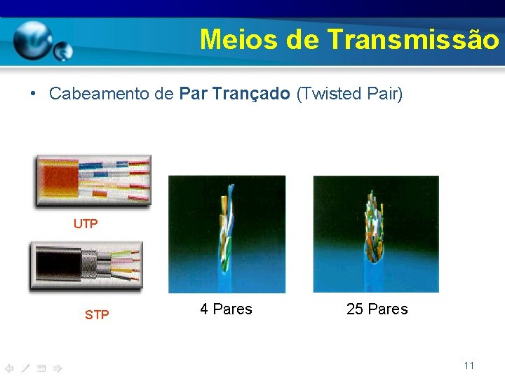 Meios de Transmissão • Cabeamento de Par Trançado (Twisted Pair) UTP STP 4 Pares