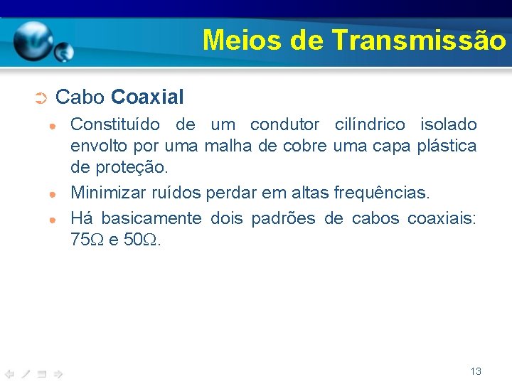 Meios de Transmissão ➲ Cabo Coaxial ● ● ● Constituído de um condutor cilíndrico