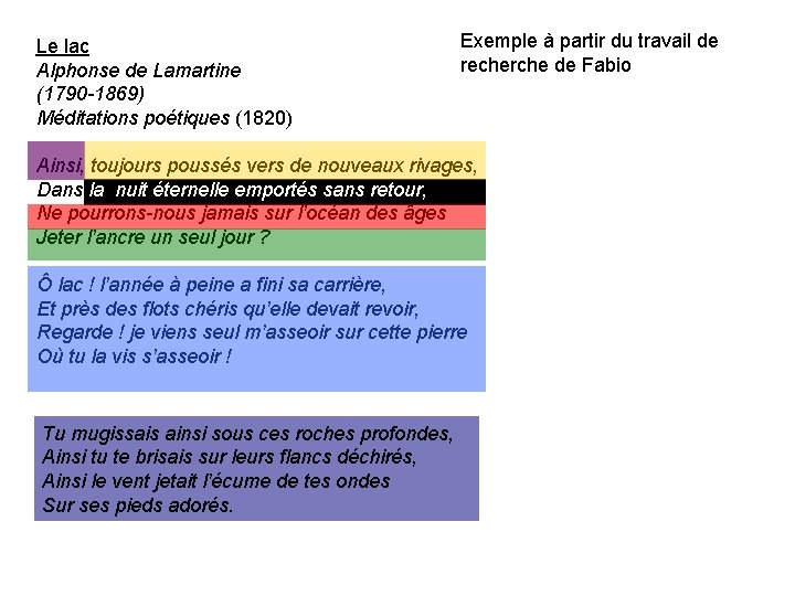 Le lac Alphonse de Lamartine (1790 -1869) Méditations poétiques (1820) Exemple à partir du