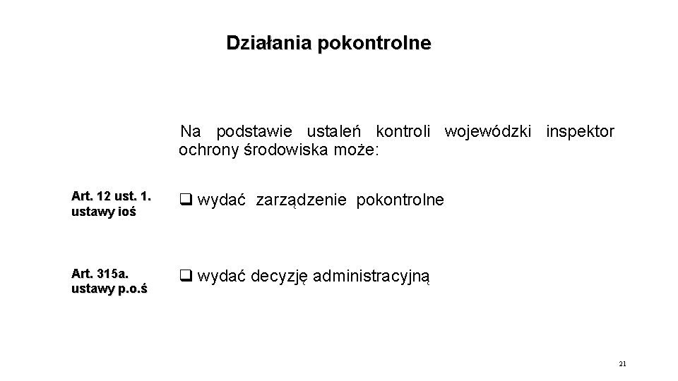 Działania pokontrolne Na podstawie ustaleń kontroli wojewódzki inspektor ochrony środowiska może: Art. 12 ust.