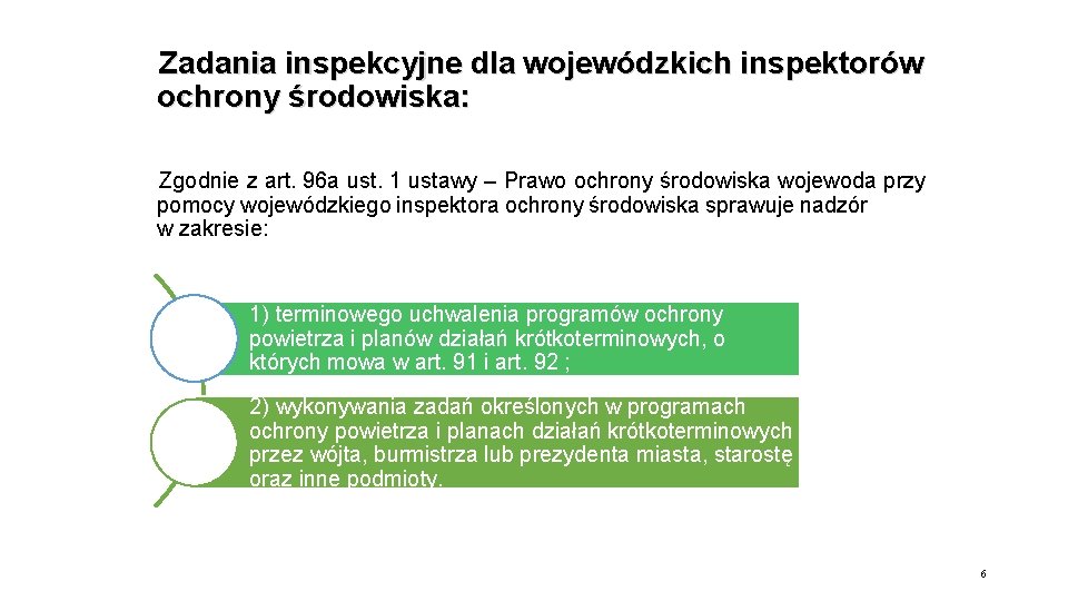 Zadania inspekcyjne dla wojewódzkich inspektorów ochrony środowiska: Zgodnie z art. 96 a ust. 1