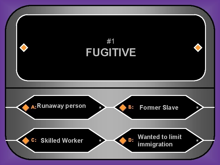 #1 FUGITIVE A: Runaway C: person Skilled Worker B: Former Slave D: Wanted to