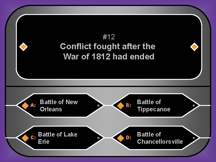 #12 Conflict fought after the War of 1812 had ended A: Battle of New