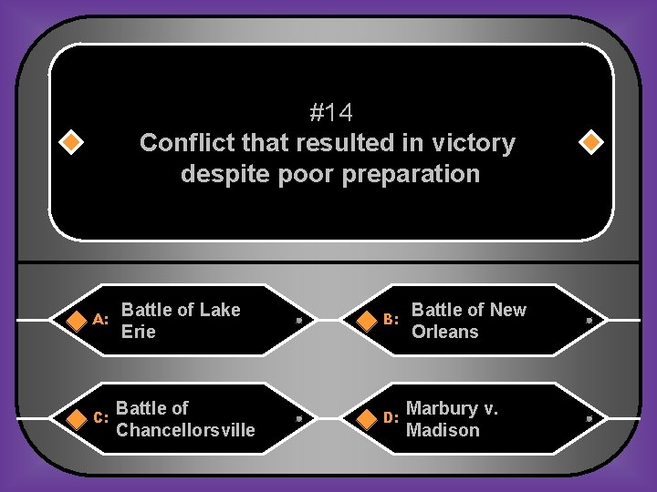 #14 Conflict that resulted in victory despite poor preparation A: C: Battle of Lake