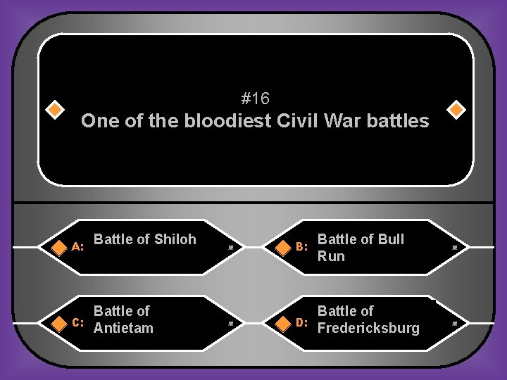 #16 One of the bloodiest Civil War battles A: C: Battle of Shiloh Battle