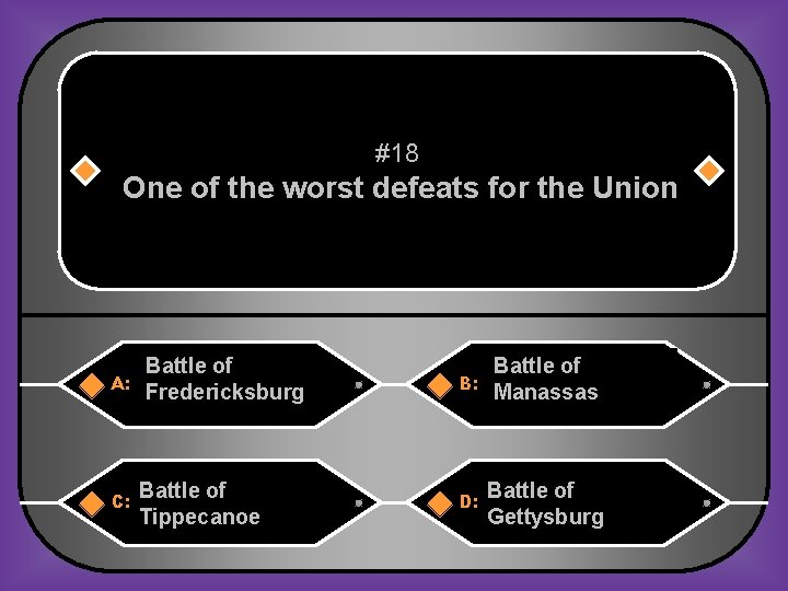 #18 One of the worst defeats for the Union A: C: Battle of Fredericksburg