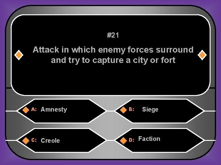 #21 Attack in which enemy forces surround and try to capture a city or