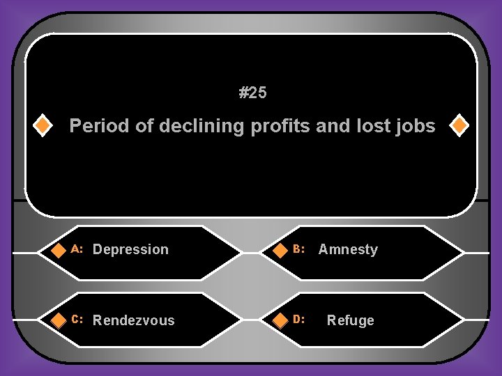 #25 Period of declining profits and lost jobs A: Depression B: Amnesty C: Rendezvous