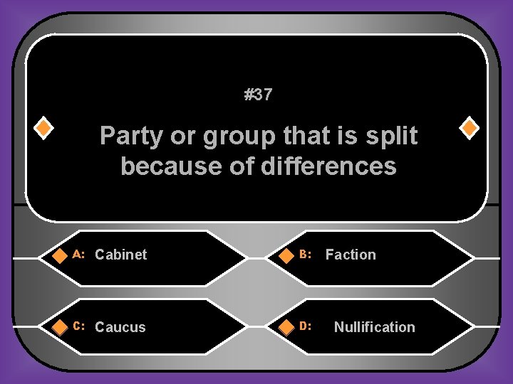 #37 Party or group that is split because of differences A: Cabinet B: Caucus