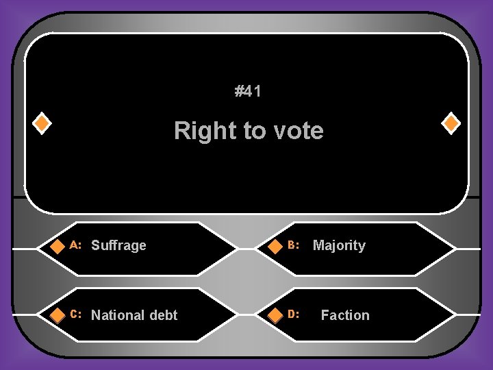 #41 Right to vote A: Suffrage B: C: National debt D: Majority Faction 