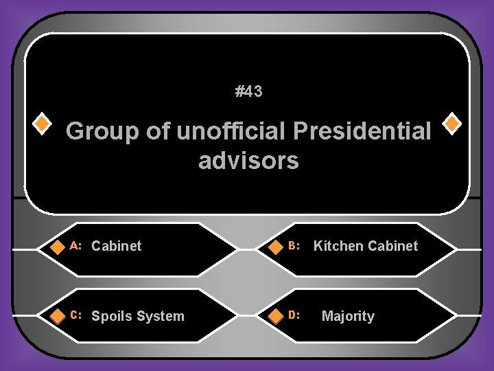 #43 Group of unofficial Presidential advisors A: Cabinet B: C: Spoils System D: Kitchen