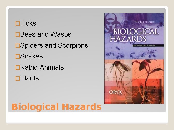 �Ticks �Bees and Wasps �Spiders and Scorpions �Snakes �Rabid Animals �Plants Biological Hazards 