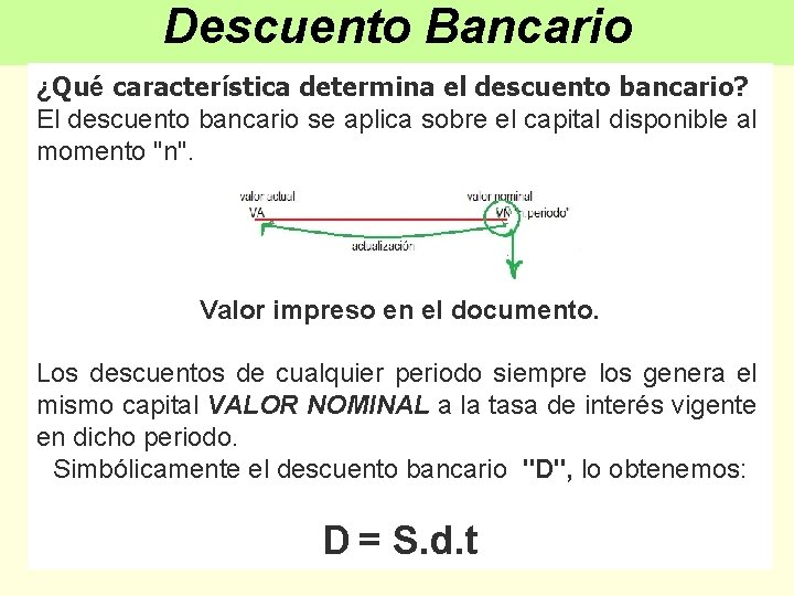 Descuento Bancario MATEMATICAS FINANCIERAS ¿Qué característica determina el descuento bancario? El descuento bancario se