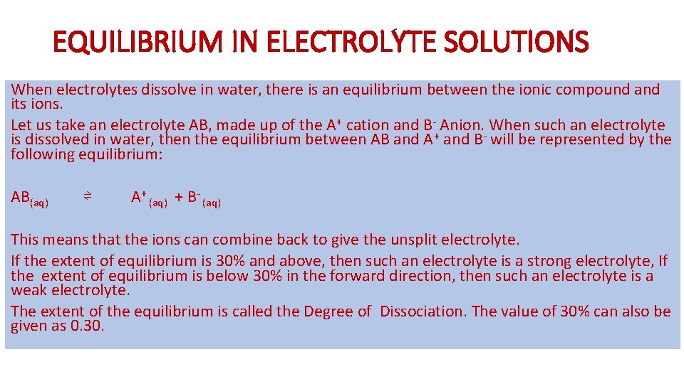EQUILIBRIUM IN ELECTROLYTE SOLUTIONS When electrolytes dissolve in water, there is an equilibrium between EQUILIBRIUM IN ELECTROLYTE SOLUTIONS When electrolytes dissolve in water, there is an equilibrium between