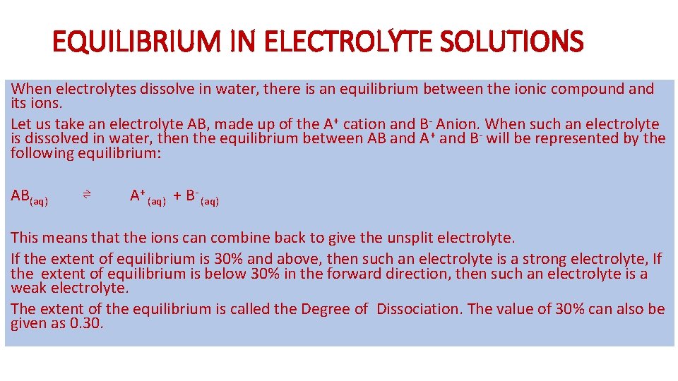 EQUILIBRIUM IN ELECTROLYTE SOLUTIONS When electrolytes dissolve in water, there is an equilibrium between