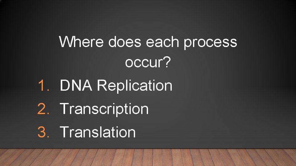 Where does each process occur? 1. DNA Replication 2. Transcription 3. Translation 