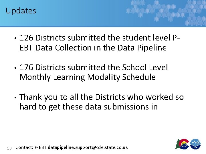 Updates • 126 Districts submitted the student level PEBT Data Collection in the Data