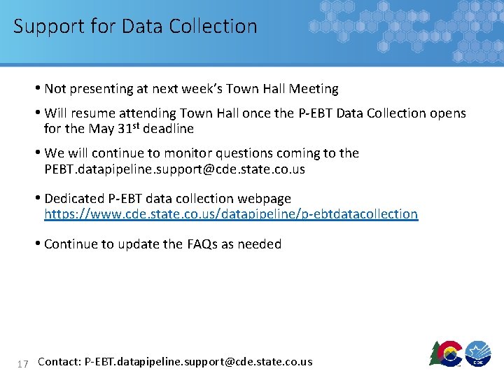 Support for Data Collection • Not presenting at next week’s Town Hall Meeting •
