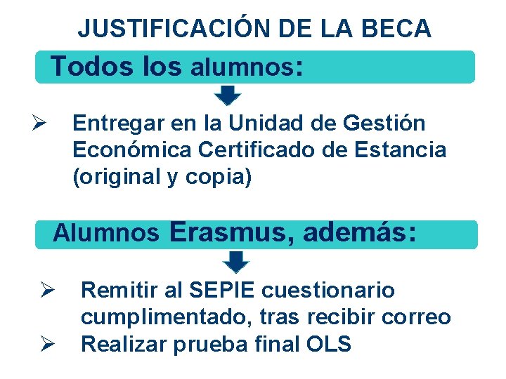 JUSTIFICACIÓN DE LA BECA Todos los alumnos: Ø Entregar en la Unidad de Gestión