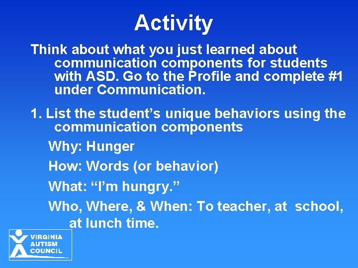 Activity Think about what you just learned about communication components for students with ASD. Activity Think about what you just learned about communication components for students with ASD.
