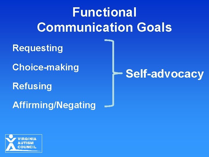 Functional Communication Goals Requesting Choice-making Refusing Affirming/Negating Self-advocacy Functional Communication Goals Requesting Choice-making Refusing Affirming/Negating Self-advocacy