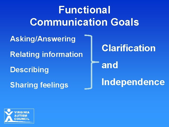 Functional Communication Goals Asking/Answering Relating information Clarification Describing and Sharing feelings Independence Functional Communication Goals Asking/Answering Relating information Clarification Describing and Sharing feelings Independence