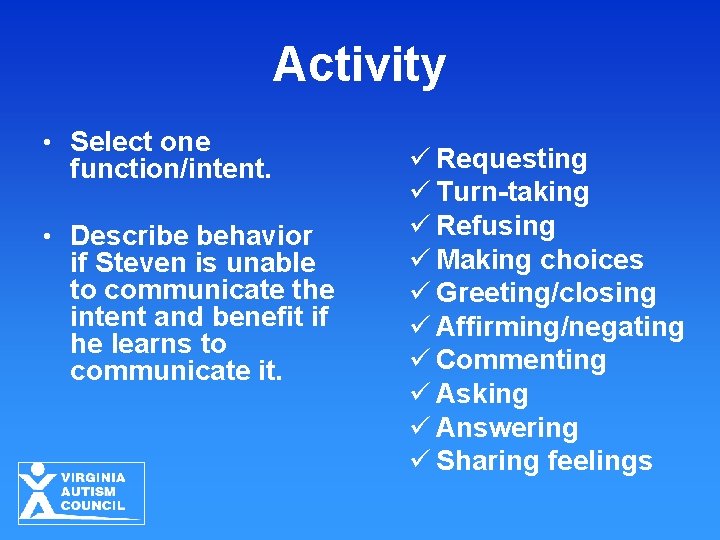 Activity • Select one function/intent. • Describe behavior if Steven is unable to communicate Activity • Select one function/intent. • Describe behavior if Steven is unable to communicate