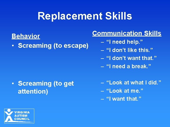 Replacement Skills Communication Skills Behavior – “I need help. ” • Screaming (to escape) Replacement Skills Communication Skills Behavior – “I need help. ” • Screaming (to escape)
