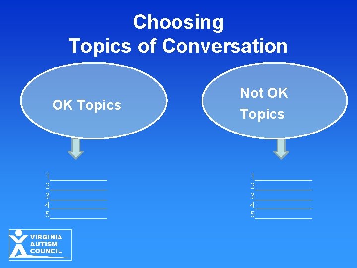 Choosing Topics of Conversation OK Topics 1_______ 2_______ 3_______ 4_______ 5_______ Not OK Topics Choosing Topics of Conversation OK Topics 1_______ 2_______ 3_______ 4_______ 5_______ Not OK Topics