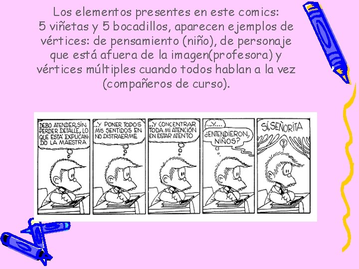 Los elementos presentes en este comics: 5 viñetas y 5 bocadillos, aparecen ejemplos de