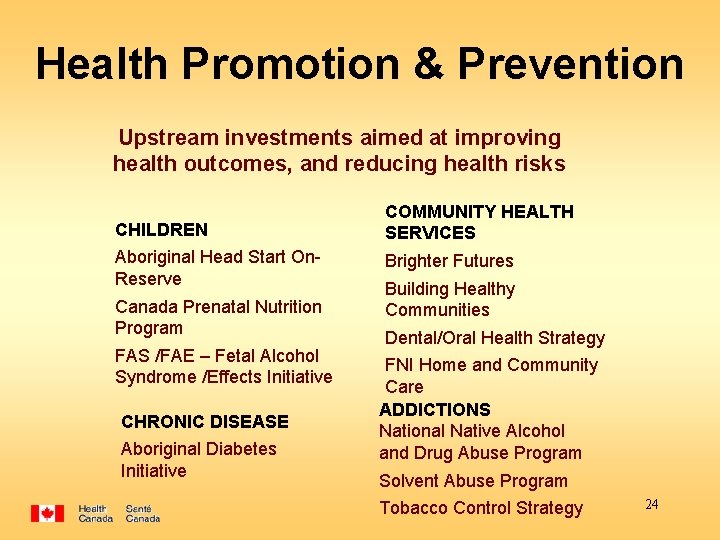 Health Promotion & Prevention Upstream investments aimed at improving health outcomes, and reducing health