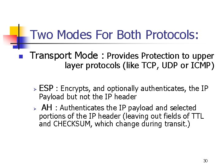 Two Modes For Both Protocols: n Transport Mode : Provides Protection to upper layer