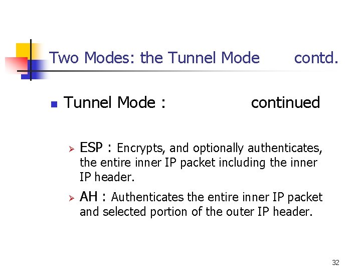 Two Modes: the Tunnel Mode n Tunnel Mode : Ø contd. continued ESP :