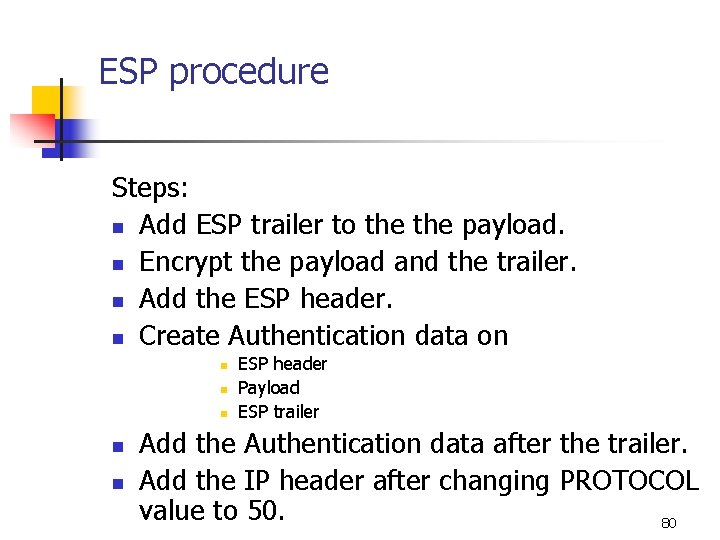 ESP procedure Steps: n Add ESP trailer to the payload. n Encrypt the payload