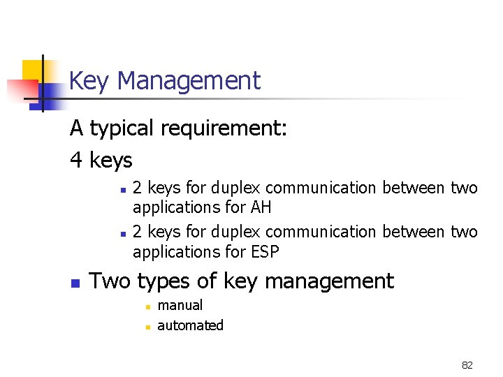 Key Management A typical requirement: 4 keys n n n 2 keys for duplex