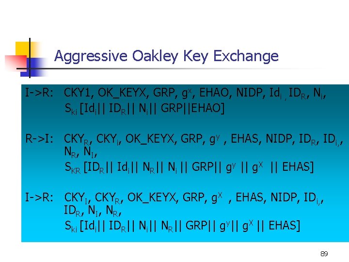 Aggressive Oakley Key Exchange I->R: CKY 1, OK_KEYX, GRP, gx, EHAO, NIDP, Idi ,