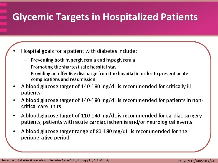 Glycemic Targets in Hospitalized Patients • Hospital goals for a patient with diabetes include: