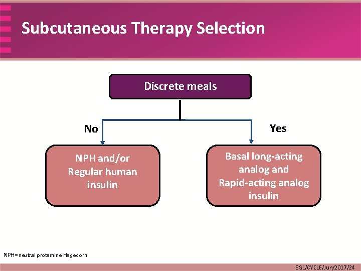 Subcutaneous Therapy Selection Discrete meals No NPH and/or Regular human insulin Yes Basal long-acting